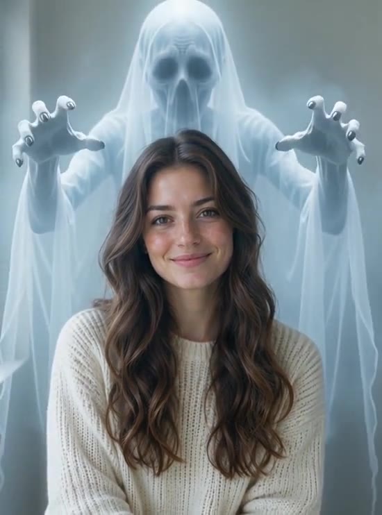 Referência externa de uma mulher adulta sorrindo em um ambiente interno com um fantasma pálido atrás dela