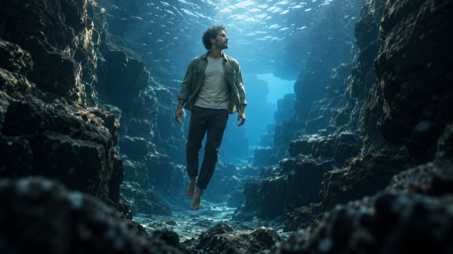 Homem de jaqueta verde-acinzentada e calça flutuando entre paredes rochosas subaquáticas, com luz da superfície acima e pequenos peixes ao longe.