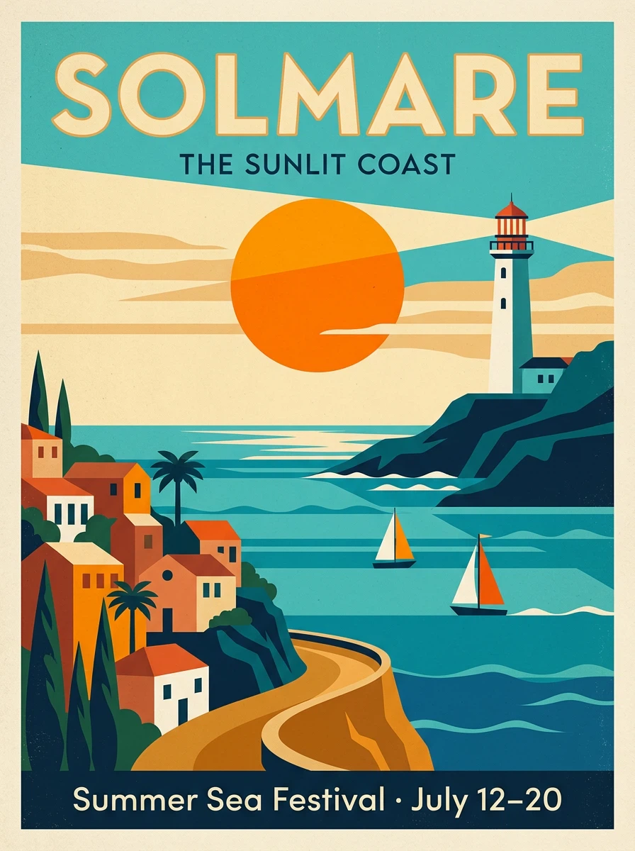 Pôster de viagem ilustrado de Solmare com farol, veleiros e pôr do sol no litoral.