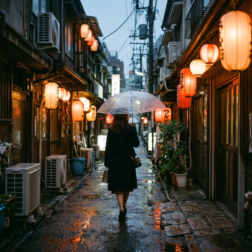 Uma mulher com guarda-chuva transparente caminha por uma rua chuvosa iluminada por lanternas.