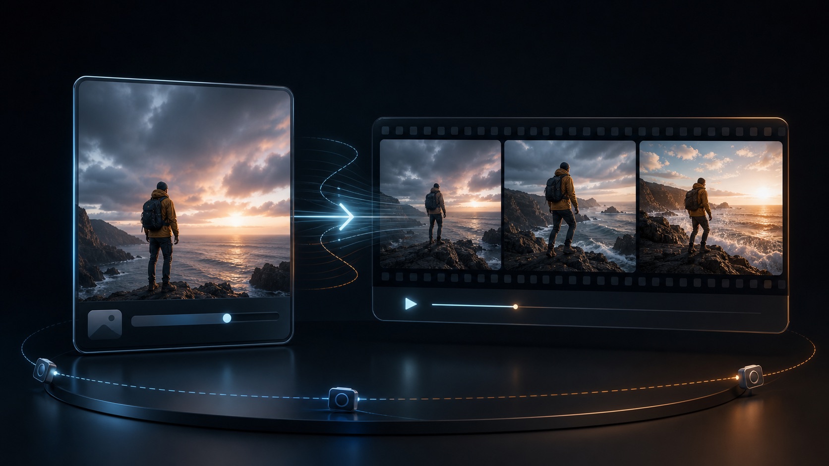 Imagem de IA para gerador de vídeo transformando uma imagem parada em quadros de vídeo cinematográficos
