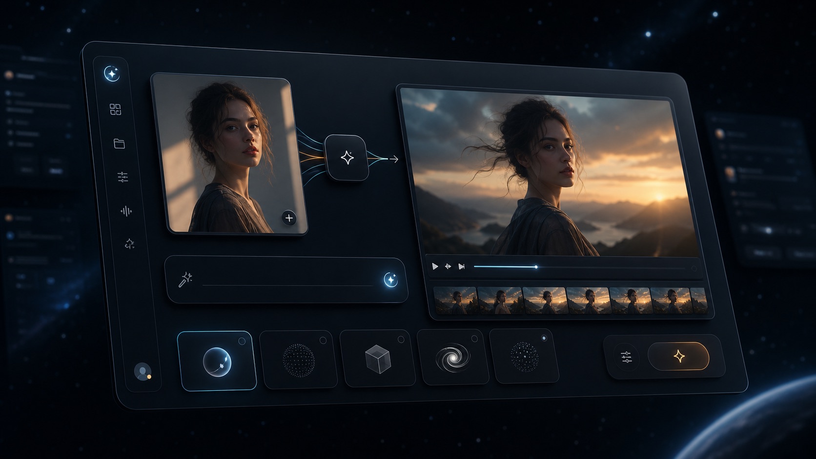 UI de fluxo de trabalho de imagem para vídeo com upload, prompt de movimento, controles de modelo e visualização gerada